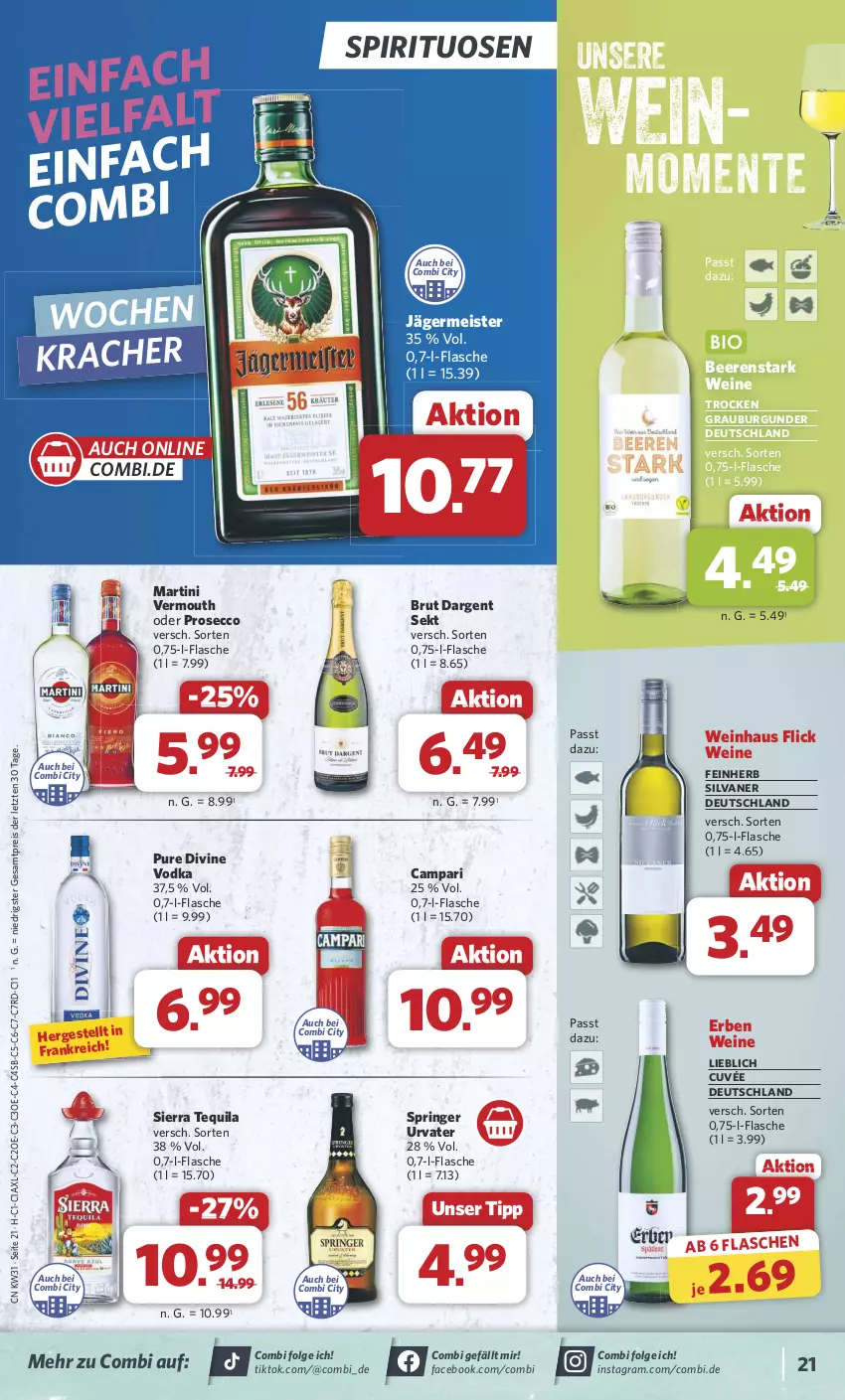 Aktueller Prospekt Combi - Prospekte - von 29.07 bis 03.08.2024 - strona 23 - produkty: beere, beeren, brut, brut dargent, burgunder, campari, cuvée, ecco, eis, ente, flasche, Germ, grauburgunder, jägermeister, kracher, LG, martini, Meister, prosecco, reis, ring, sekt, Sierra, sierra tequila, silvaner, spirituosen, tequila, Ti, urvater, Vermouth, vodka, wein, weine, ZTE