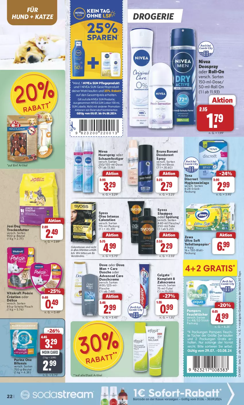 Aktueller Prospekt Combi - Prospekte - von 29.07 bis 03.08.2024 - strona 24 - produkty: beutel, bruno banani, colgate, Colorationen, creme, deo, deodorant, deospray, Discreet, dove, duschcreme, dusche, Efasit, eier, eis, feuchte tücher, feuchttücher, flasche, haarspray, kraft, Labello, LG, Lotion, nivea, nivea sun, oder schaumfestiger, pampers, papier, purina, reis, roll-on, Schal, Schale, schaumfestiger, shampoo, shampoo oder spülung, spülung, Sun Lotion, syoss, Ti, Tiere, toilettenpapier, trockenfutter, tücher, vita, vitakraft, Yo, zahncreme, zewa, ZTE