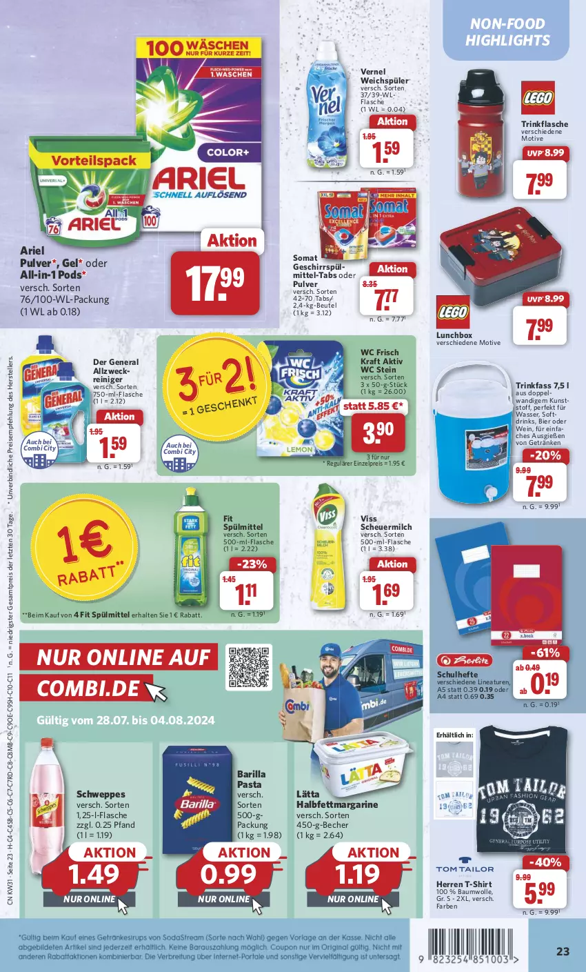 Aktueller Prospekt Combi - Prospekte - von 29.07 bis 03.08.2024 - strona 25 - produkty: allzweckreiniger, ariel, barilla, Bau, baumwolle, Becher, beutel, bier, drink, drinks, eis, elle, flasche, geschirr, getränk, getränke, halbfettmargarine, Hefte, Heu, kraft, lätta, lunchbox, margarine, milch, pasta, Pods, reiniger, reis, scheuermilch, schweppes, shirt, somat, spülmittel, T-Shirt, teller, Ti, trinkflasche, vernel, wasser, wc frisch, WC Frisch Kraft Aktiv, weck, weichspüler, wein, wolle, ZTE