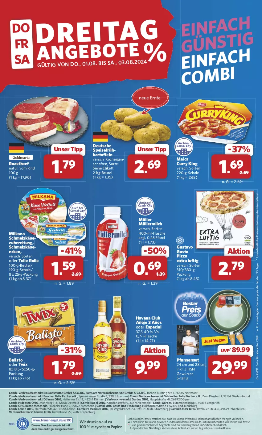 Aktueller Prospekt Combi - Prospekte - von 29.07 bis 03.08.2024 - strona 26 - produkty: aeg, angebot, angebote, auer, Bad, balisto, beef, Berger, beutel, curry, drucker, eier, eis, elle, Engel, erde, felix, fisch, fische, Fischer, flasche, gewürz, Havana Club, kartoffel, kartoffeln, Käse, kerze, meica, milch, milka, milkana, Müller, müllermilch, natur, oder twix, papier, pfanne, pfannen, pizza, Rauch, reis, rind, roastbeef, salz, Schal, Schale, Schmelzkäse, teller, Ti, twix, ZTE