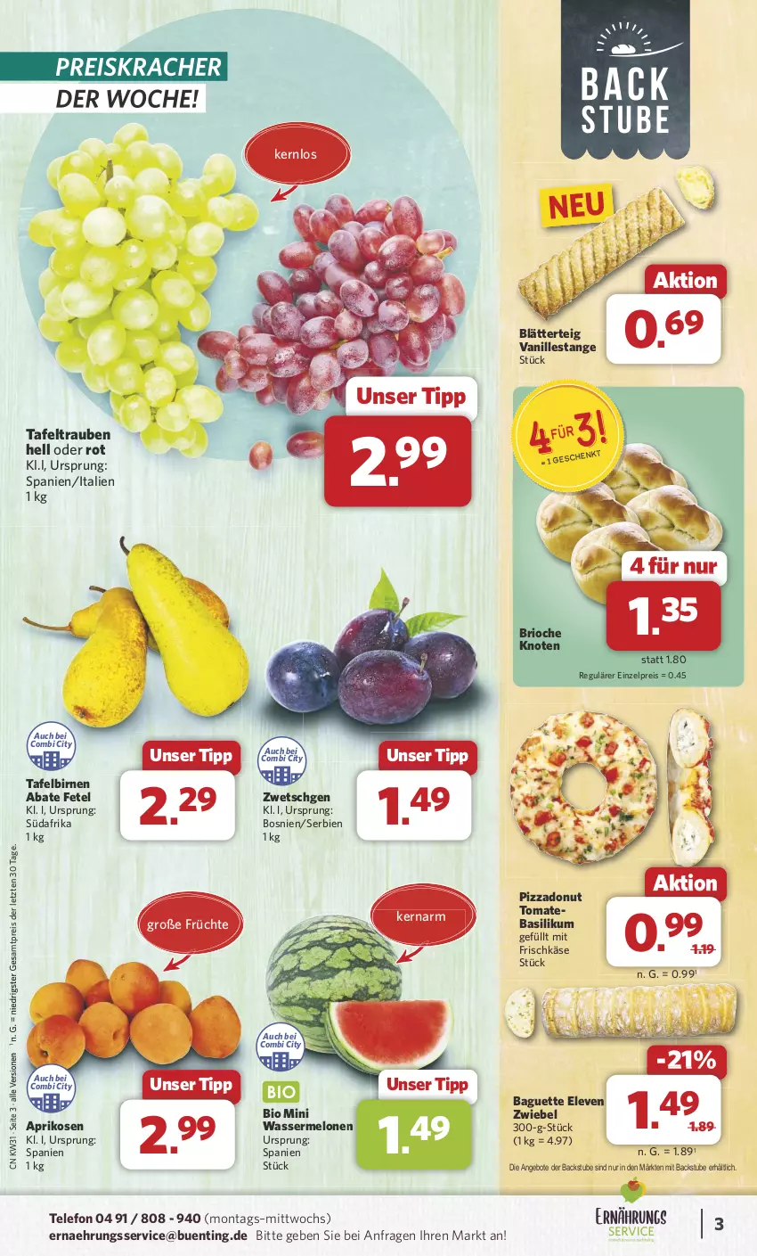 Aktueller Prospekt Combi - Prospekte - von 29.07 bis 03.08.2024 - strona 3 - produkty: angebot, angebote, aprikose, aprikosen, baguette, basilikum, bio, Birnen, blätterteig, Donut, eis, frischkäse, früchte, Käse, kracher, melone, melonen, mini wassermelonen, pizza, reis, stube, tafelbirnen, tafeltrauben, telefon, Ti, tomate, trauben, vanille, Vanillestange, wasser, wassermelone, wassermelonen, ZTE, zwiebel