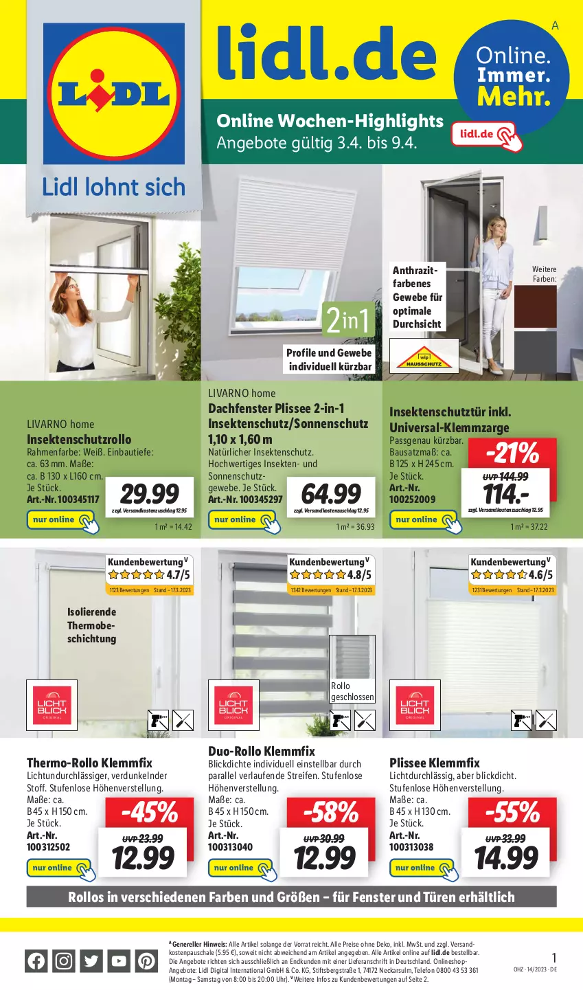 Aktueller Prospekt Lidl - Wochen-Highlights im Onlineshop - von 03.04 bis 09.04.2023 - strona 1 - produkty: angebot, angebote, Bau, eis, elle, fenster, Fenster und Türen, insektenschutz, Laufen, ndk, reifen, reis, rel, Schal, Schale, sekt, sonnenschutz, telefon, thermo-rollo, Ti, uhr