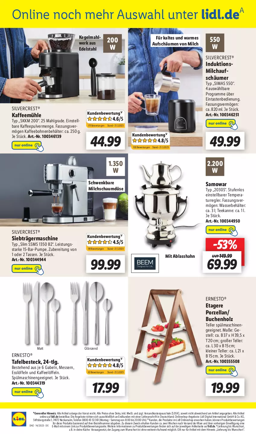 Aktueller Prospekt Lidl - Wochen-Highlights im Onlineshop - von 03.04 bis 09.04.2023 - strona 2 - produkty: angebot, angebote, Behälter, besteck, bohne, bohnen, buch, edelstahl, eis, elle, ernesto, Etagere, gabel, Germ, Holz, kaffee, kaffeebohnen, Kaffeemühle, küche, leine, LG, Löffel, messer, milch, milchaufschäumer, ndk, reis, rel, Schal, Schale, silvercrest, sim, spülmaschinen, tasse, tee, teekanne, telefon, teller, Ti, uhr, wasser, weck