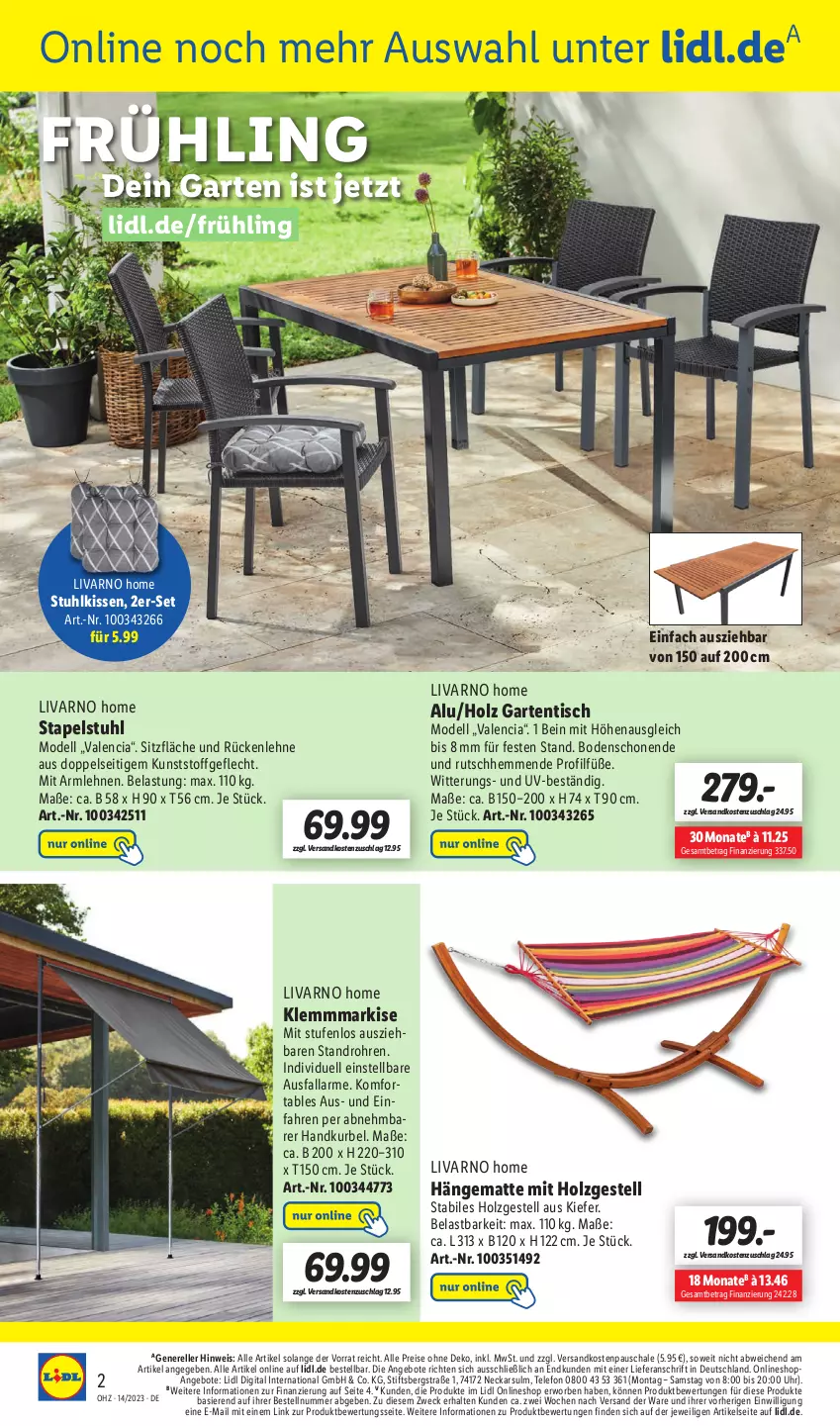 Aktueller Prospekt Lidl - Wochen-Highlights im Onlineshop - von 03.04 bis 09.04.2023 - strona 4 - produkty: angebot, angebote, armlehnen, dell, eis, elle, Garten, gartentisch, hängematte, Holz, kissen, Klemmmarkise, kunststoffgeflecht, Mode, ndk, reis, rel, rückenlehne, Schal, Schale, stapelstuhl, stuhl, stuhlkissen, telefon, Ti, tisch, uhr, weck