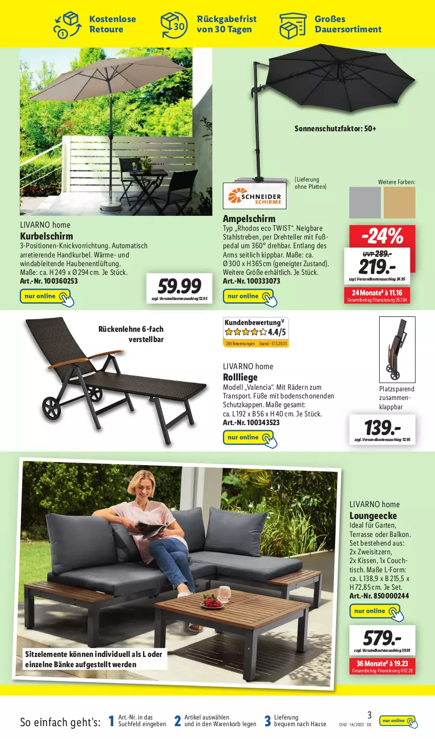 Aktueller Prospekt Lidl - Wochen-Highlights im Onlineshop - von 03.04 bis 09.04.2023 - strona 5 - produkty: ampelschirm, auer, auto, Couch, couchtisch, dell, eis, elle, ente, erde, Garten, kissen, korb, latte, Liege, Mode, ndk, rückenlehne, sonnenschutz, Sport, teller, Ti, Tiere, tisch