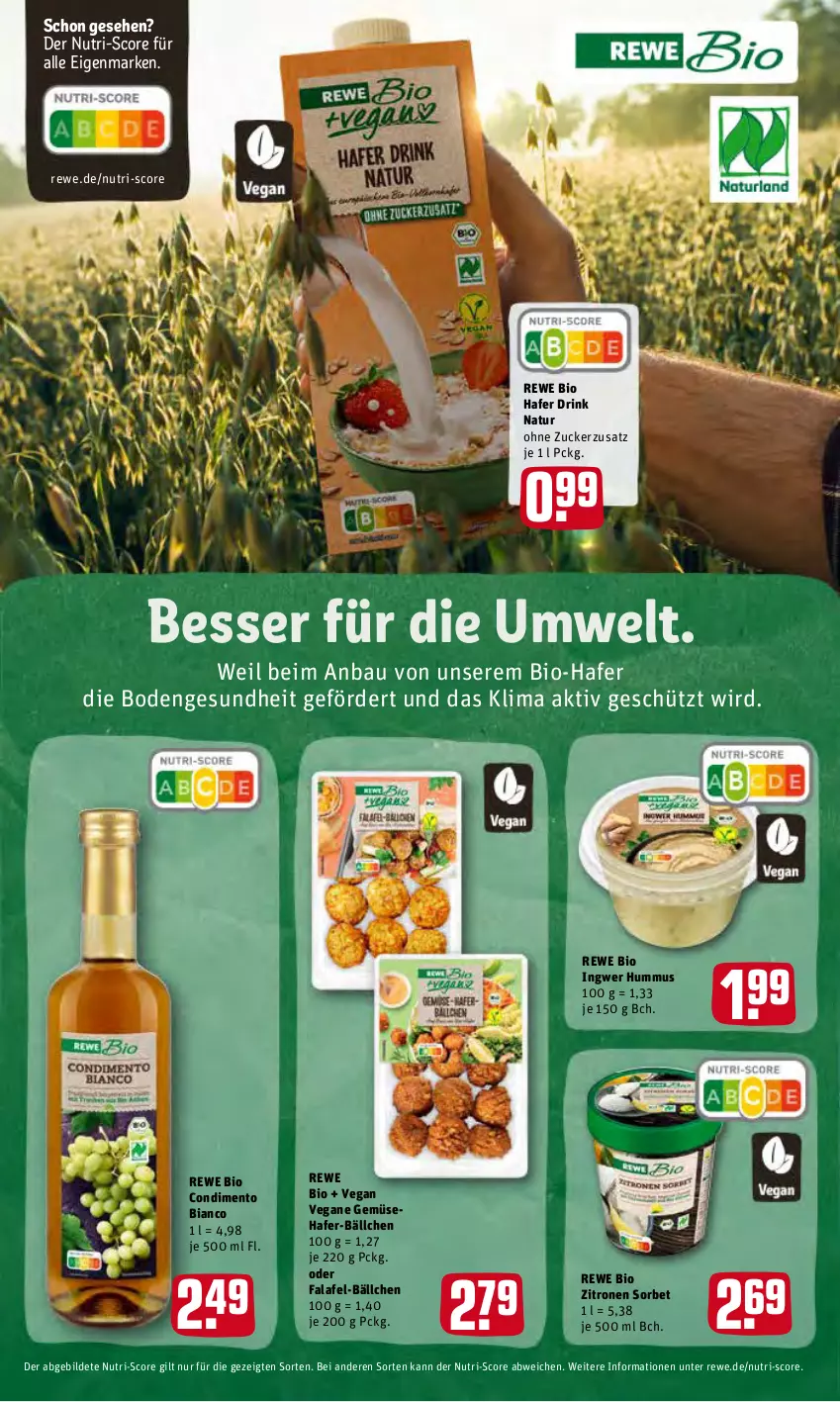 Aktueller Prospekt Rewe - Diese Woche im Angebot! - von 19.04 bis 23.04.2022 - strona 11 - produkty: Bau, bio, condimento, Condimento Bianco, drink, Falafel, Gesundheit, hafer, hummus, ingwer, natur, rewe bio, Sorbet, Ti, zitrone, zitronen, zucker