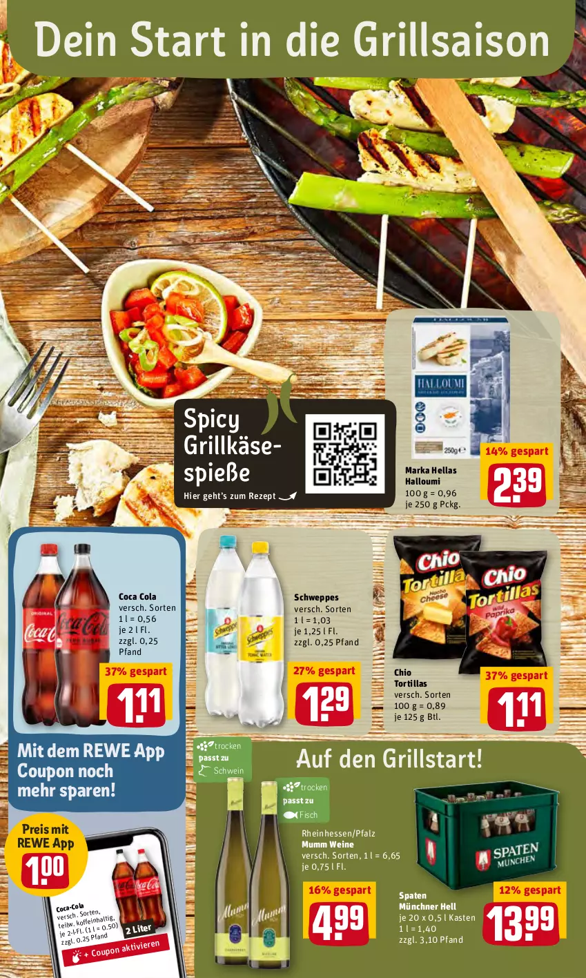 Aktueller Prospekt Rewe - Diese Woche im Angebot! - von 19.04 bis 23.04.2022 - strona 13 - produkty: cola, coupon, eis, fisch, grill, Grillkäse, Halloumi, hella, Käse, mumm, reis, rezept, schwein, schweppes, Spaten, Ti, tortilla, tortillas, wein, weine