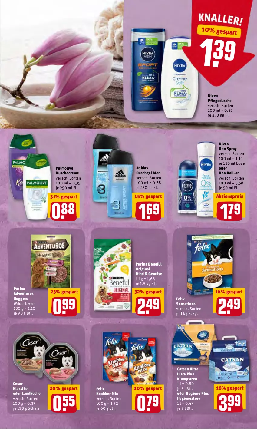 Aktueller Prospekt Rewe - Diese Woche im Angebot! - von 19.04 bis 23.04.2022 - strona 19 - produkty: Adidas, adventuros, aktionspreis, catsan, creme, deo, deo roll-on, deo spray, dusche, duschgel, eis, felix, gin, klumpstreu, küche, landküche, ndk, nivea, nuggets, oder deo roll-on, olive, palmolive, pflegedusche, purina, reis, rind, roll-on, Schal, Schale, schwein, sensations, Ti, wein, Wild, Wildschwein