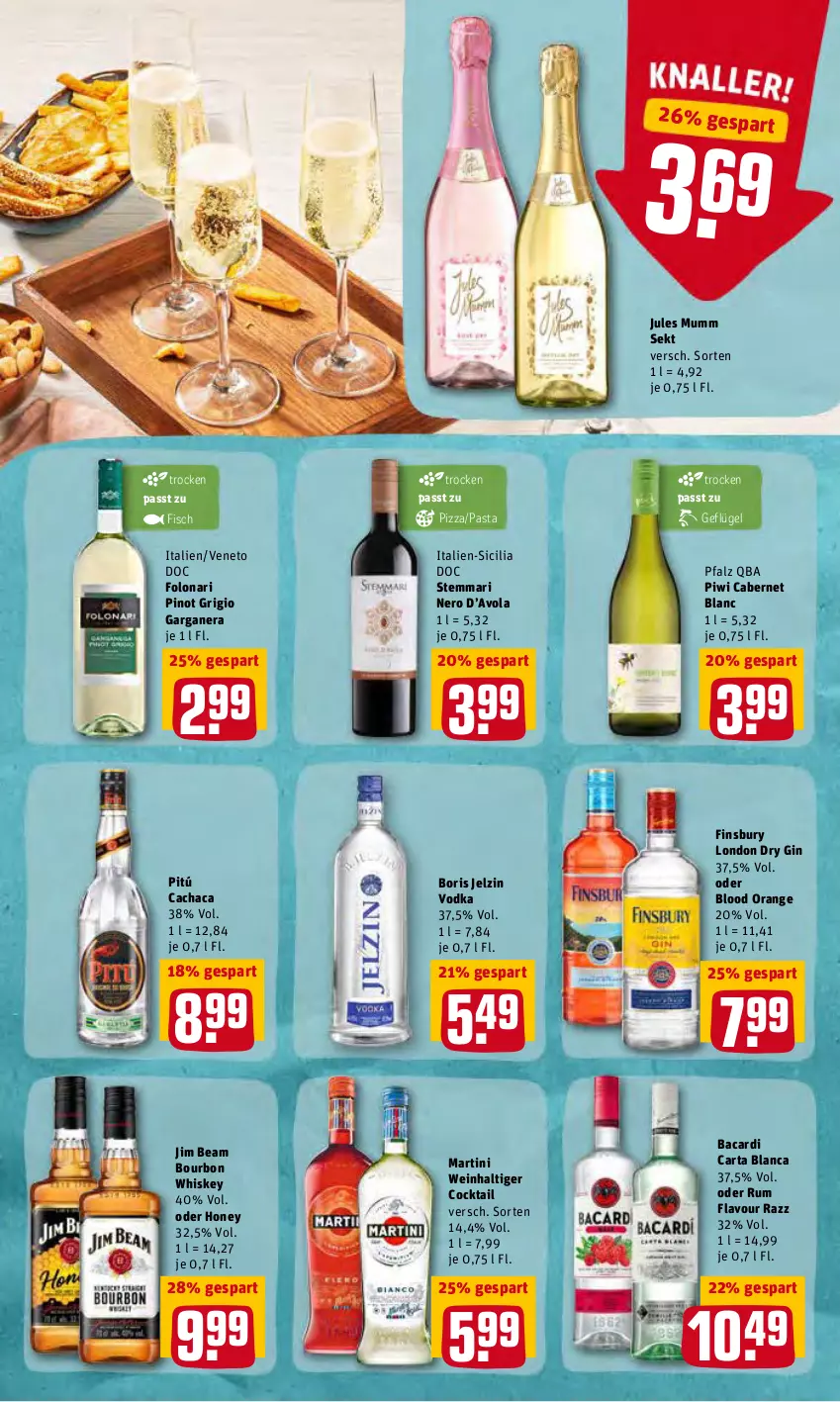 Aktueller Prospekt Rewe - Diese Woche im Angebot! - von 19.04 bis 23.04.2022 - strona 20 - produkty: bacardi, Boris Jelzin, bourbon, bourbon whiskey, cabernet, Cachaca, cocktail, dry gin, finsbury, fisch, Geflügel, gin, jelzin, jim beam, jules mumm, london dry, london dry gin, martini, mumm, nero, orange, pasta, Pinot, pinot grigio, pizza, rum, sekt, Ti, vodka, wein, whiskey