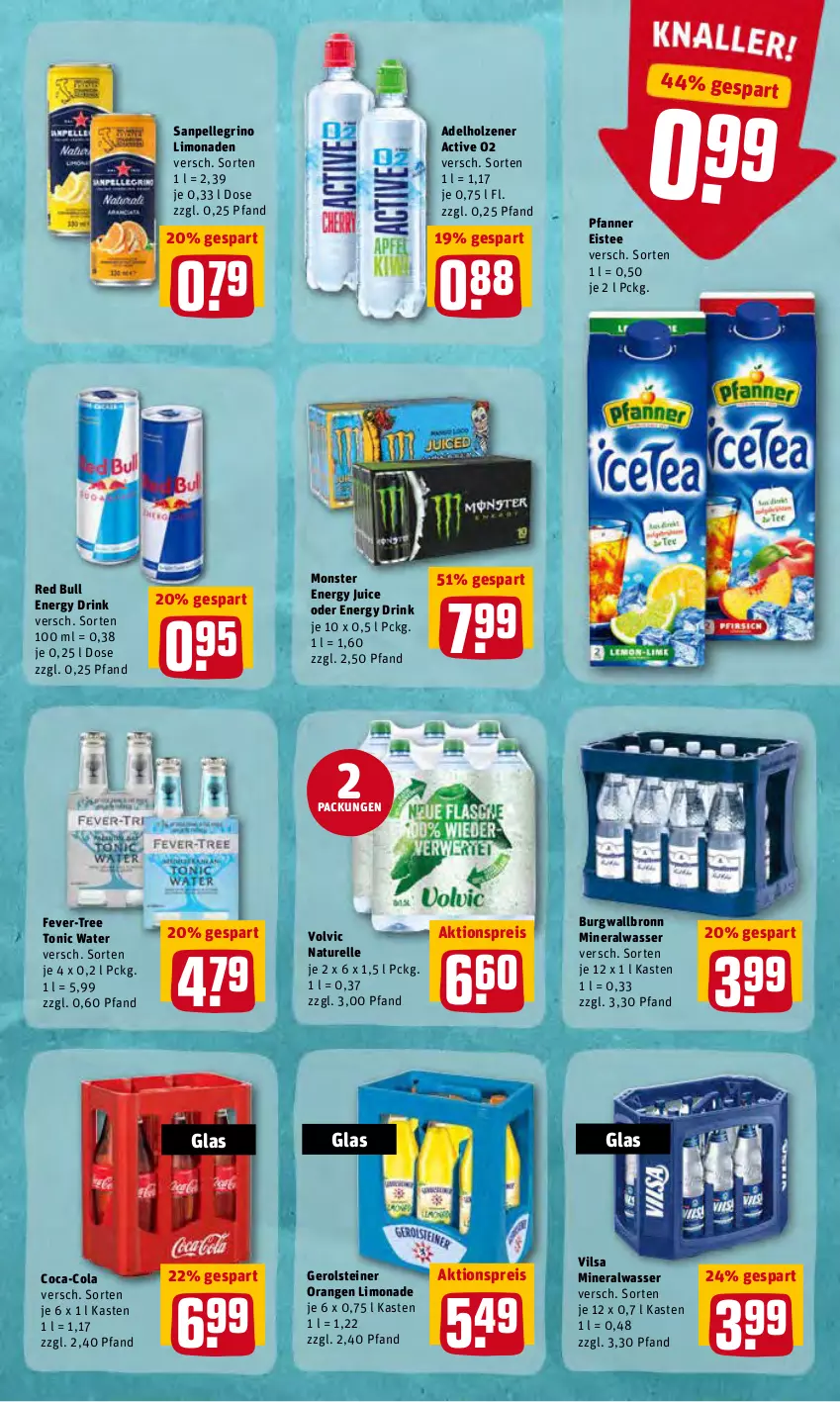 Aktueller Prospekt Rewe - Diese Woche im Angebot! - von 19.04 bis 23.04.2022 - strona 21 - produkty: adelholzener, aktionspreis, Alwa, burgwallbronn, coca-cola, cola, drink, eis, eistee, elle, energy drink, fever-tree, gerolsteine, gerolsteiner, Holz, limo, limonade, limonaden, mineralwasser, monster, Monster Energy, natur, orange, orangen, pfanne, Pfanner, red bull, reis, rel, sanpellegrino, steiner, tee, Ti, tonic, tonic water, vilsa, volvic, wasser