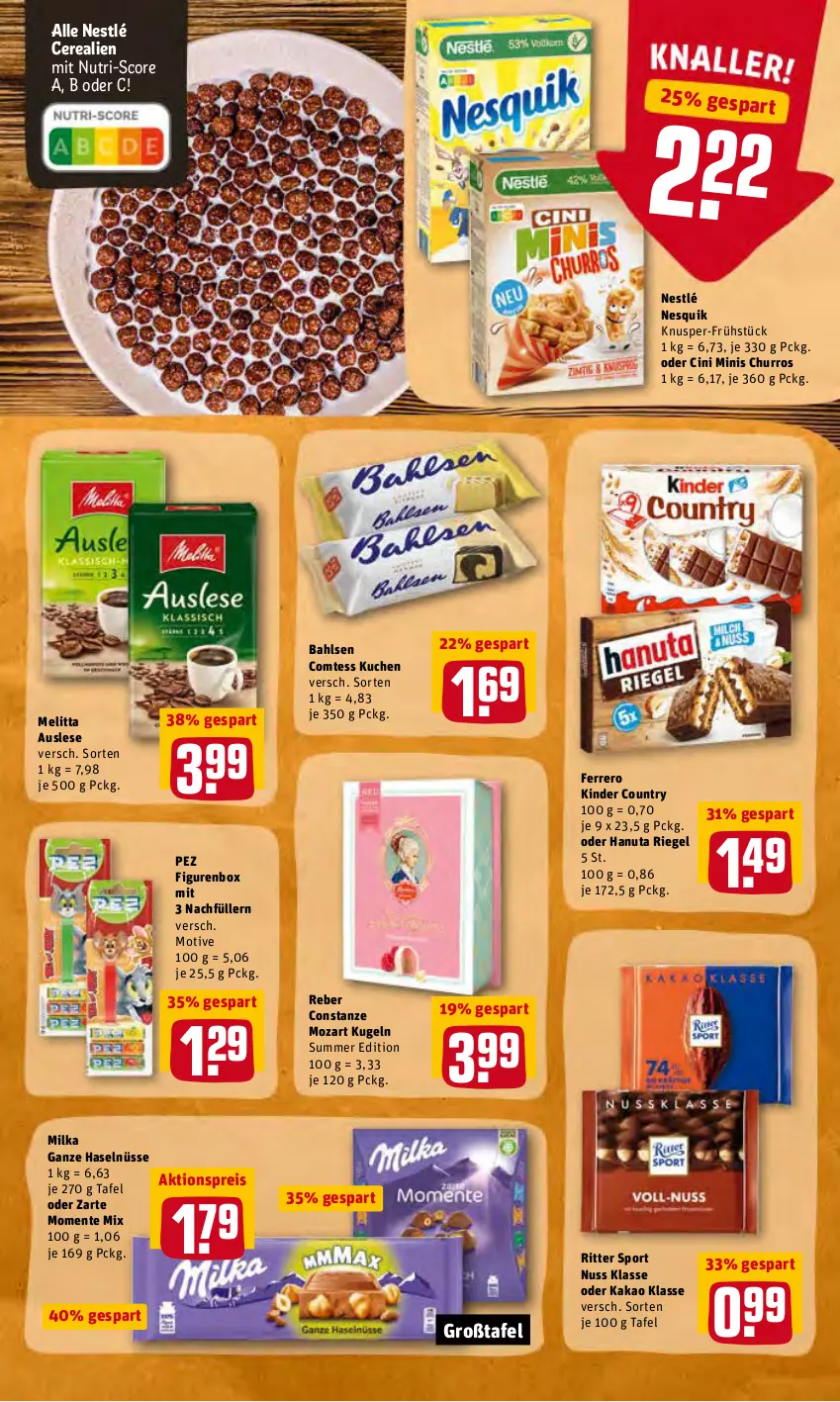 Aktueller Prospekt Rewe - Diese Woche im Angebot! - von 19.04 bis 23.04.2022 - strona 23 - produkty: aktionspreis, bahlsen, cerealien, cin, comtess, comtess kuchen, eis, ente, ferrero, ganze haselnüsse, hanuta, kakao, Kinder, kinder country, kuchen, Kugel, melitta, milka, nesquik, nestlé, nuss, reis, riegel, ritter, ritter sport, Sport, Ti