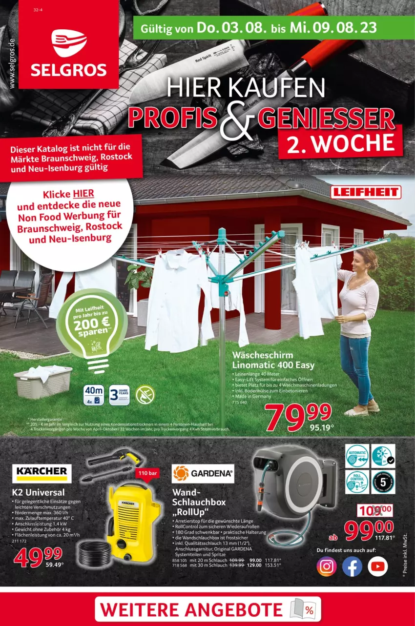 Aktueller Prospekt Selgros - Nonfood - von 03.08 bis 09.08.2023 - strona 1 - produkty: angebot, angebote, ball, braun, decke, eis, elle, gardena, garnitur, Germ, gin, HP, leine, LG, pril, Rauch, schlauch, teller, Ti, tisch, Trockner, wäscheschirm, waschmaschine, waschmaschinen