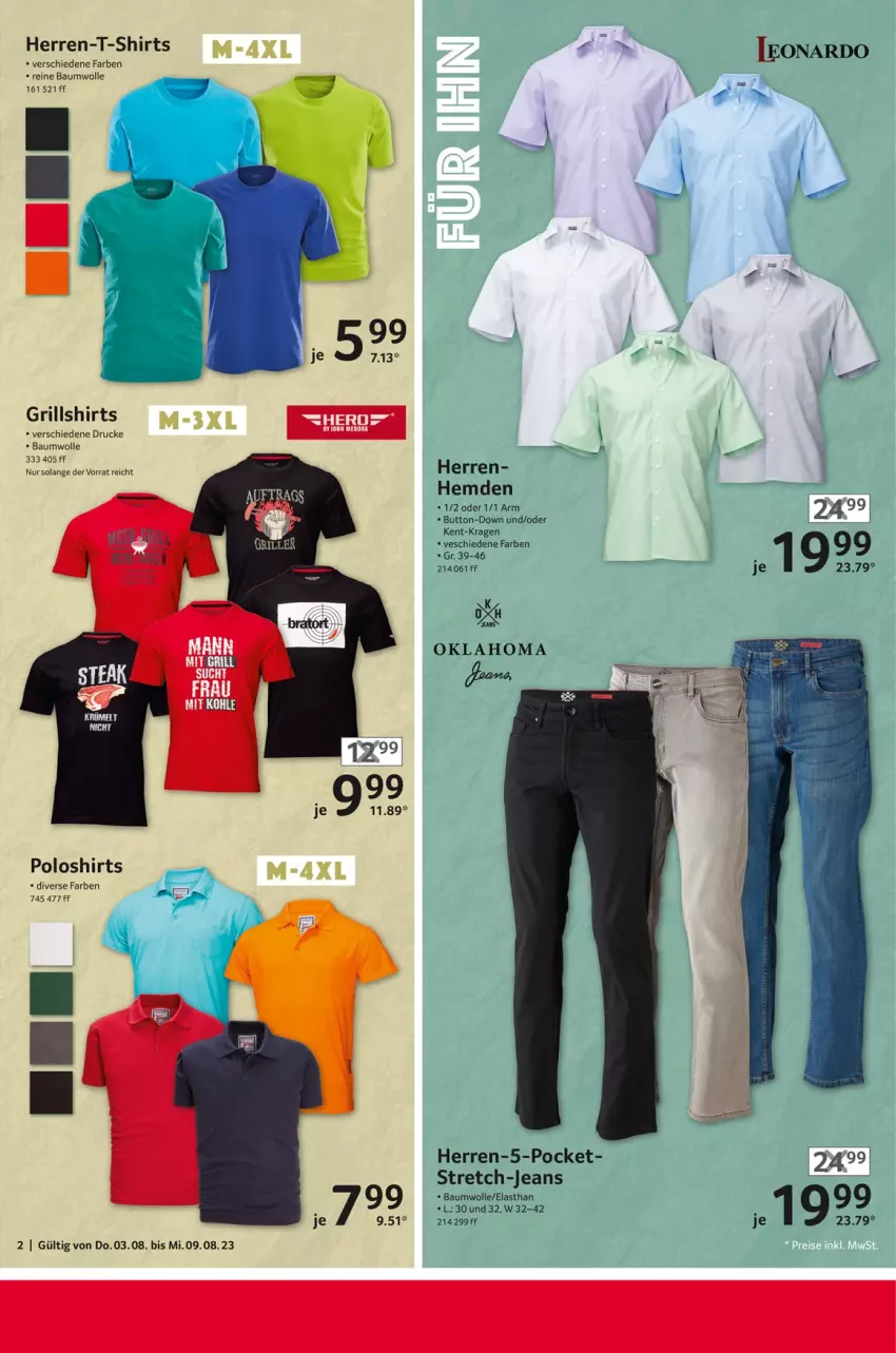 Aktueller Prospekt Selgros - Nonfood - von 03.08 bis 09.08.2023 - strona 2 - produkty: Bau, baumwolle, grill, hemd, hemden, herren-t-shirt, jeans, poloshirt, reine baumwolle, shirt, shirts, T-Shirt, Ti, wolle