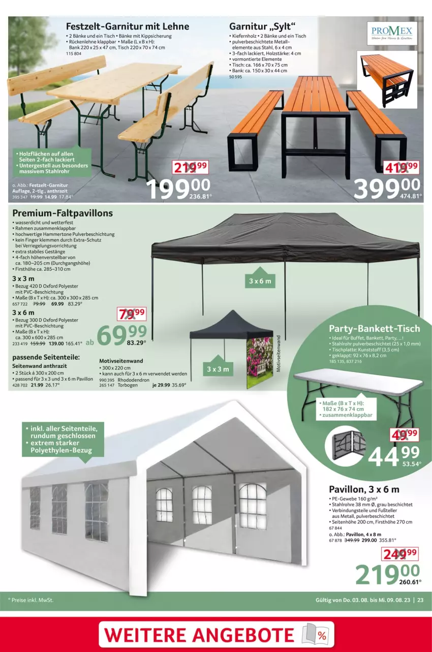 Aktueller Prospekt Selgros - Nonfood - von 03.08 bis 09.08.2023 - strona 23 - produkty: Bank, bett, elle, ente, erde, Faltpavillon, garnitur, Holz, HP, lack, latte, LG, pavillon, riegel, rückenlehne, rwe, teller, Ti, tisch, tischplatte, wasser, Zelt