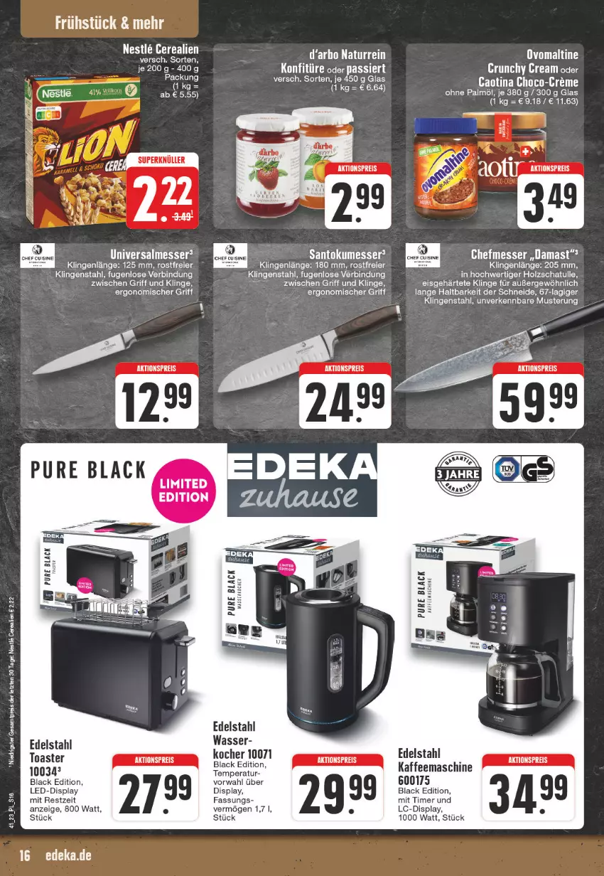 Aktueller Prospekt Edeka - Angebote der Woche - von 09.10 bis 14.10.2023 - strona 16 - produkty: aktionspreis, bett, cerealien, edelstahl, eier, eis, Holz, kaffee, kaffeemaschine, konfitüre, lack, messer, Müller, natur, ohne palmöl, ovomaltine, reis, Ti, timer, toast, toaster, wasser