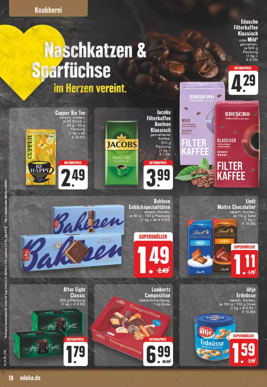 Aktueller Prospekt Edeka - Angebote der Woche - von 09.10 bis 14.10.2023 - strona 18 - produkty: Amber, bahlsen, cola, deka, eduscho, eis, filterkaffee, gebäckmischung, jacobs, kaffee, lambertz, lindt, reis, Spezi, Ti, tisch, ZTE