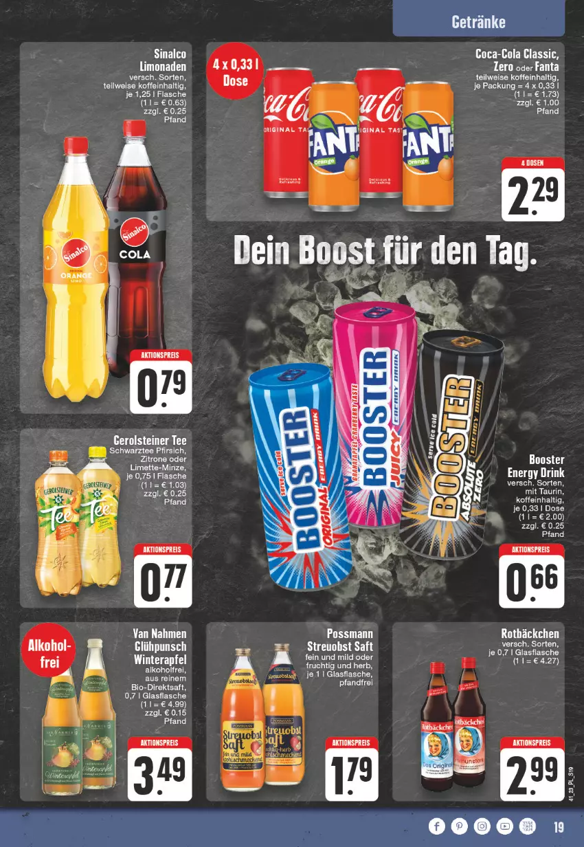 Aktueller Prospekt Edeka - Angebote der Woche - von 09.10 bis 14.10.2023 - strona 19 - produkty: aktionspreis, bio, coca-cola, cola, direktsaft, eis, fanta, flasche, frucht, gerolsteine, gerolsteiner, glasflasche, HP, limette, limo, limonade, limonaden, Mett, minze, pfirsich, reis, saft, sinalco, steiner, tee, Ti, zitrone, ZTE