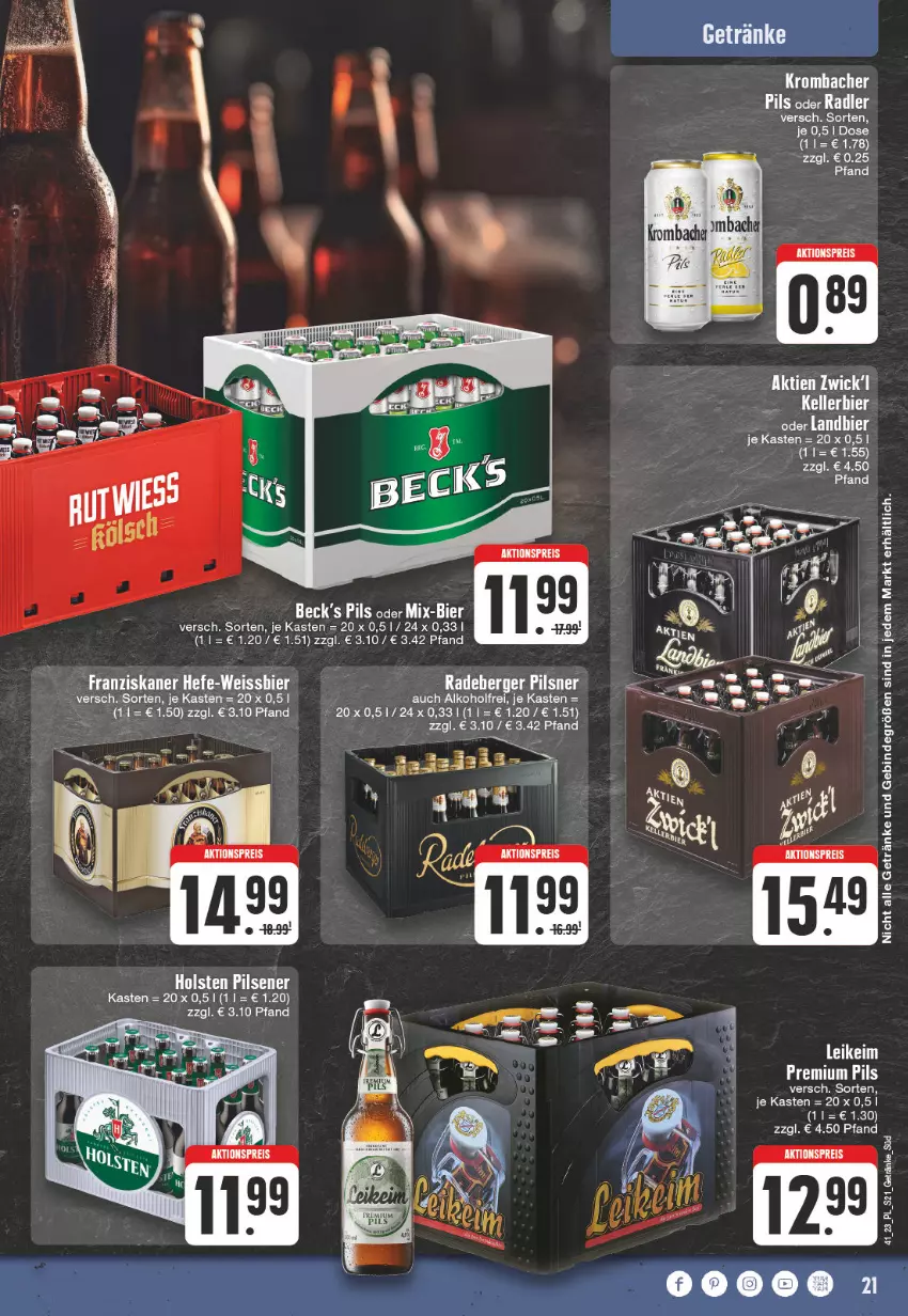 Aktueller Prospekt Edeka - Angebote der Woche - von 09.10 bis 14.10.2023 - strona 21 - produkty: alkohol, bier, getränk, getränke, holsten, holsten pilsener, krombache, krombacher, pils, pilsener