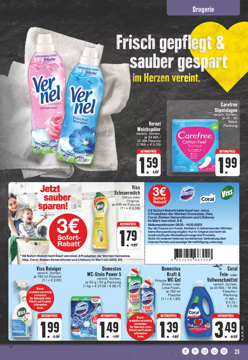 Aktueller Prospekt Edeka - Angebote der Woche - von 09.10 bis 14.10.2023 - strona 25 - produkty: aktionspreis, Brei, carefree, citrus, Coral, coupon, dip, domestos, eis, Engel, flasche, gin, Heu, LG, milch, Rauch, reiniger, reis, rwe, scheuermilch, slip, slipeinlagen, sofort-rabatt, Ti, vollwaschmittel, waschmittel, weichspüler