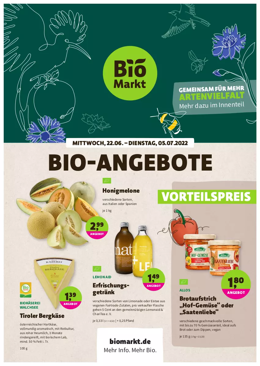 Aktueller Prospekt Denns Biomarkt - Prospekte - von 22.06 bis 05.07.2022 - strona 1 - produkty: angebot, angebote, aufstrich, Bergkäse, bio, brot, brotaufstrich, dip, eis, eistee, ente, erfrischungsgetränk, flasche, getränk, hartkäse, Heu, heumilch, honig, honigmelone, Käse, limo, limonade, mac, melone, milch, reis, rind, tee, Ti, tisch, vorteilspreis