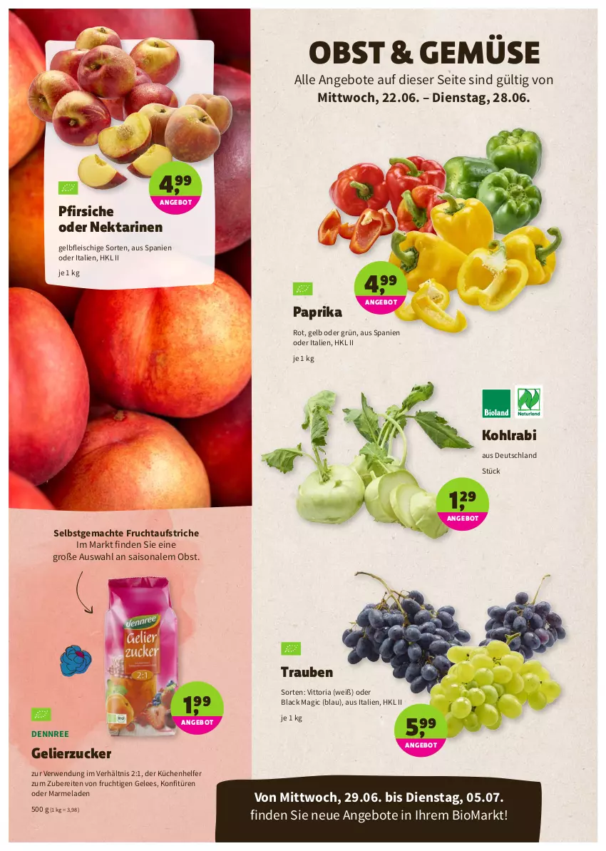 Aktueller Prospekt Denns Biomarkt - Prospekte - von 22.06 bis 05.07.2022 - strona 2 - produkty: angebot, angebote, aufstrich, bio, dennree, eis, fleisch, frucht, fruchtaufstrich, gelee, gelierzucker, kohlrabi, konfitüre, konfitüren, küche, Küchen, Küchenhelfer, lack, mac, marmelade, Nektar, nektarinen, obst, paprika, pfirsich, pfirsiche, pfirsiche oder, Ria, rwe, Ti, trauben, zucker