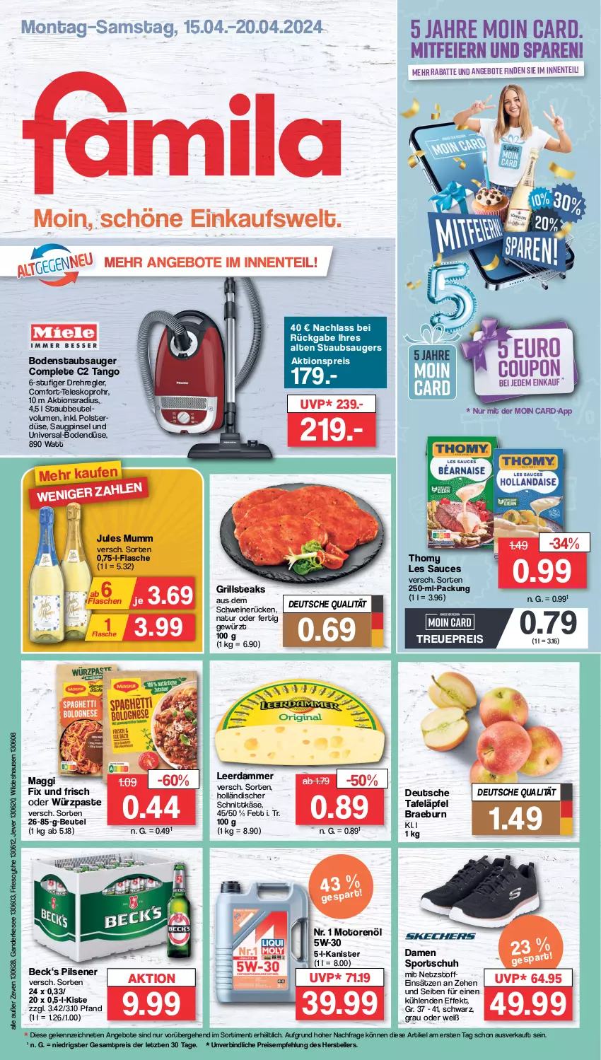 Aktueller Prospekt Famila - Prospekte - von 15.04 bis 20.04.2024 - strona 1 - produkty: aktionspreis, angebot, angebote, beutel, bodenstaubsauger, eier, eis, elle, ente, flasche, gewürz, grill, holländischer schnittkäse, jever, jules mumm, Käse, leerdammer, maggi, maggi fix, motorenöl, mumm, natur, pils, pilsener, Pinsel, reis, sauce, schnittkäse, schwein, schweine, schweinerücken, Sport, staubbeutel, staubsauger, steak, steaks, tafeläpfel, Teleskop, teller, thomy, thomy les sauces, Ti, wein, weine, Wild, ZTE