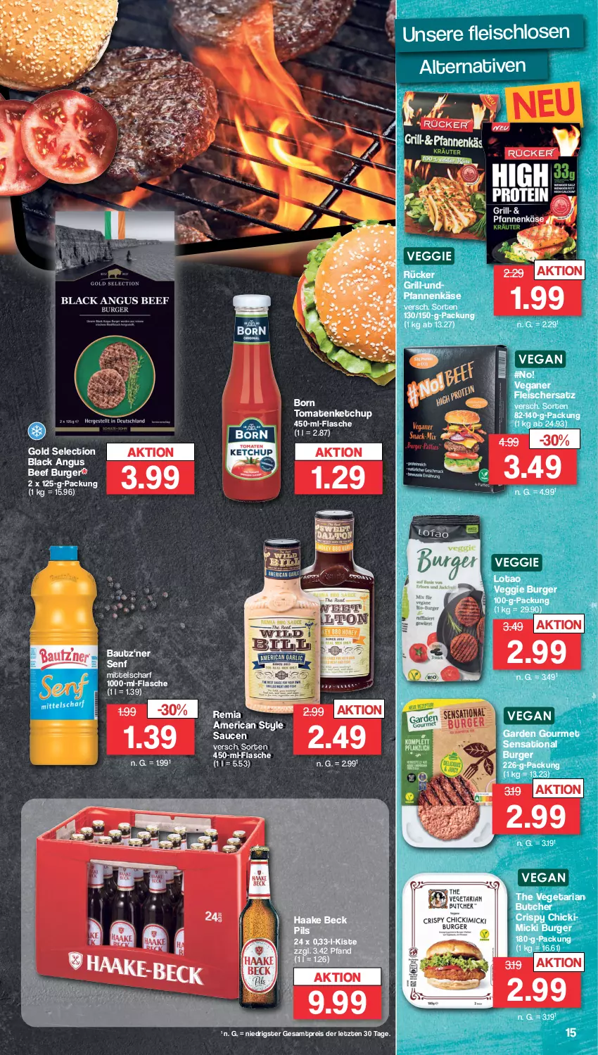 Aktueller Prospekt Famila - Prospekte - von 15.04 bis 20.04.2024 - strona 15 - produkty: Bau, beef, burger, eis, flasche, fleisch, garden gourmet, grill, Käse, ketchup, lack, pfanne, pfannen, pfannenkäse, pils, reis, Ria, sauce, saucen, senf, The Vegetarian Butcher, Ti, tomate, tomaten, tomatenketchup, Vegeta, veggie, ZTE