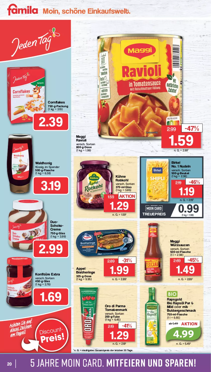 Aktueller Prospekt Famila - Prospekte - von 15.04 bis 20.04.2024 - strona 20 - produkty: beutel, bio, birkel, Bratheringe, butter, creme, eier, eis, flakes, flasche, hering, honig, konfitüre, konfitüre extra, Kühne, mac, maggi, nudel, nudeln, oro di parma, rapsöl, ravioli, reis, ring, rotkohl, sauce, saucen, schoko, Ti, tomate, tomaten, tomatenmark, würzsauce, würzsaucen, ZTE