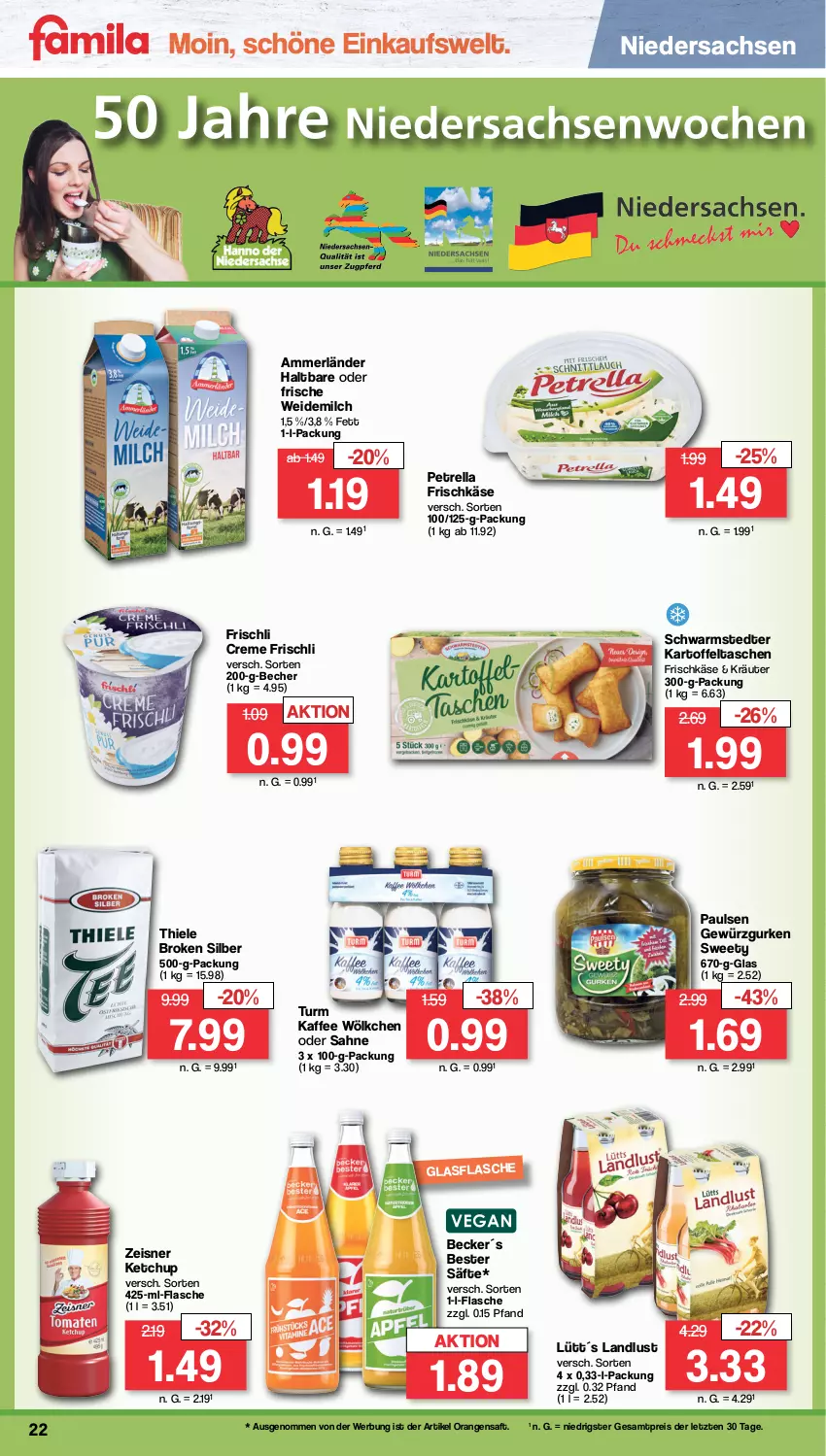 Aktueller Prospekt Famila - Prospekte - von 15.04 bis 20.04.2024 - strona 22 - produkty: ammerländer, Becher, creme, eis, flasche, frischkäse, frischli, gewürz, Gewürzgurke, gewürzgurken, glasflasche, gurke, gurken, kaffee, kartoffel, Kartoffeltaschen, Käse, ketchup, kräuter, merl, milch, orange, orangen, orangensaft, petrella, reis, rel, sac, saft, säfte, sahne, schwarmstedter, Tasche, taschen, Ti, weidemilch, ZTE