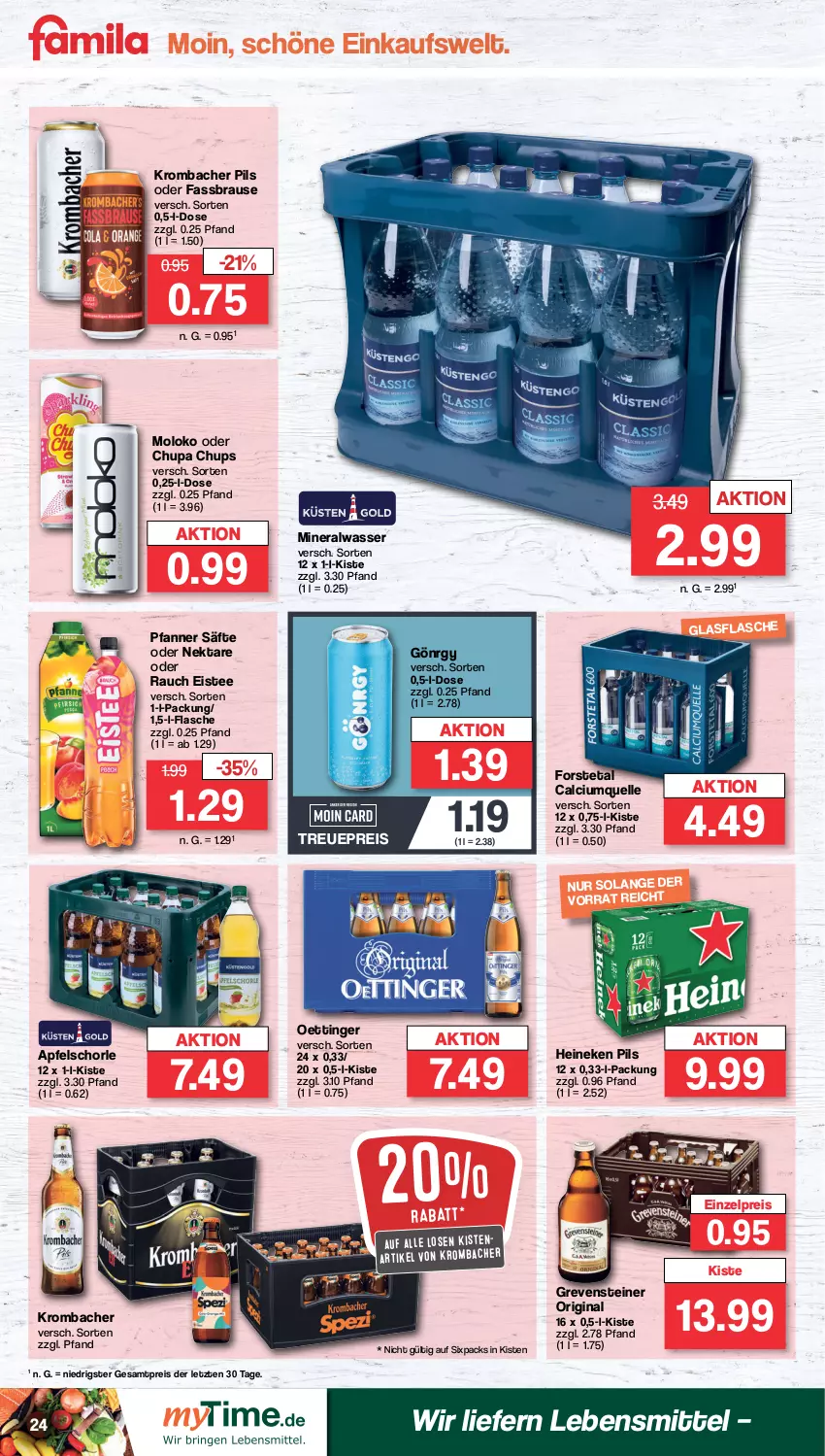 Aktueller Prospekt Famila - Prospekte - von 15.04 bis 20.04.2024 - strona 24 - produkty: Alwa, apfel, Apfelschorle, brause, Calcium, chupa, chupa chups, eis, eistee, elle, fassbrause, flasche, Forstetal, gin, glasflasche, grevensteiner, heineken, krombache, krombacher, krombacher pils, lebensmittel, mineralwasser, Nektar, oettinger, pfanne, Pfanner, pils, Rauch, reis, säfte, schorle, steiner, tee, Ti, wasser, ZTE