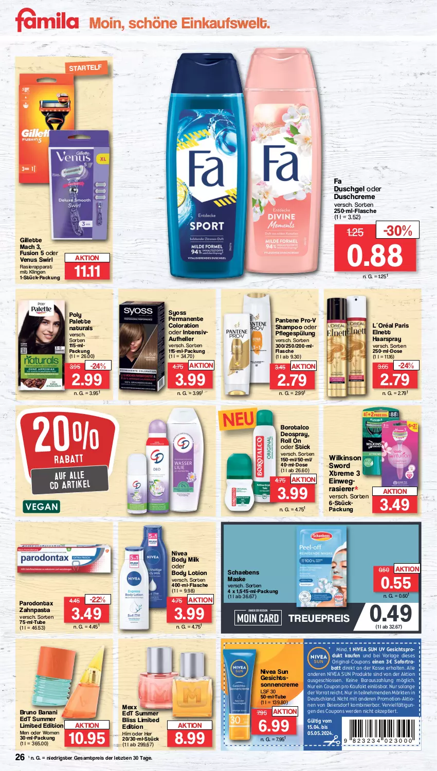 Aktueller Prospekt Famila - Prospekte - von 15.04 bis 20.04.2024 - strona 26 - produkty: body, body lotion, body milk, Borotalco, bruno banani, coupon, coupons, creme, deo, deospray, duschcreme, duschgel, eier, einwegrasierer, eis, elle, elnett, ente, erde, fa duschgel, flasche, gillette, gin, haarspray, L´Oréal, Lotion, mac, Maske, Mexx, natur, natura, nivea, nivea sun, Palette, pantene, pantene pro-v, Parodontax, pasta, Pflegespülung, pro-v, rasierapparat, rasierer, reis, Schaebens, shampoo, sofortrabatt, sonnencreme, spülung, swirl, syoss, Ti, venus, wilkinson, Yo, zahnpasta, ZTE