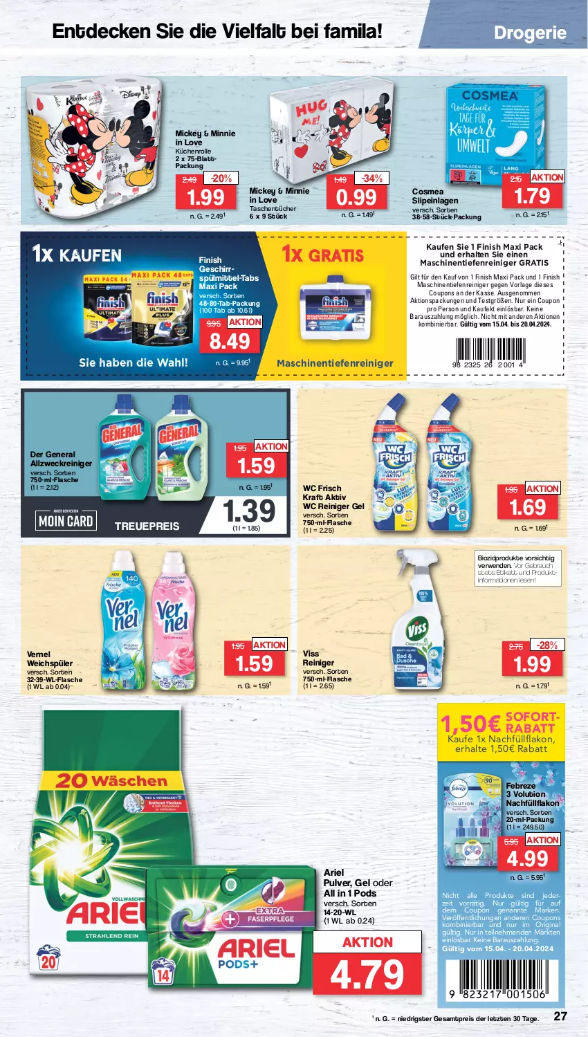 Aktueller Prospekt Famila - Prospekte - von 15.04 bis 20.04.2024 - strona 27 - produkty: allzweckreiniger, ariel, bio, biozidprodukte, cosmea, coupon, coupons, decke, eis, febreze, Finish, flasche, geschirr, geschirrspülmittel, gin, kraft, küche, Küchen, küchenrolle, Pods, Rauch, reiniger, reiniger gel, reis, rwe, slip, slipeinlagen, spülmittel, Tasche, taschen, taschentücher, Ti, tücher, vernel, wc frisch, WC Frisch Kraft Aktiv, weck, weichspüler, ZTE