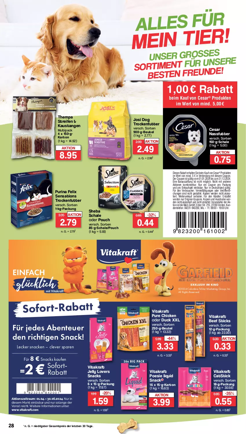 Aktueller Prospekt Famila - Prospekte - von 15.04 bis 20.04.2024 - strona 28 - produkty: aust, beef, beutel, Columbia, coupon, coupons, Duck, eis, ente, erde, felix, gin, kraft, mars, nassfutter, purina, Rauch, reifen, reis, Schal, Schale, sensations, sheba, snack, snacks, sofort-rabatt, telefon, Ti, tristar, trockenfutter, uhr, vita, vitakraft, ZTE