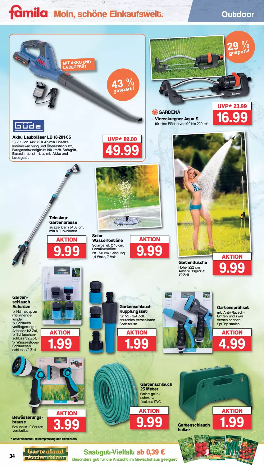 Aktueller Prospekt Famila - Prospekte - von 15.04 bis 20.04.2024 - strona 34 - produkty: adapter, akku, aqua, brause, dusche, eis, elle, Garten, Gartenbrause, Gartendusche, gartenschlauch, Gewächshaus, HP, ladegerät, reis, schlauch, Sprühpistole, Teleskop, teller, Ti, Viereckregner, wasser