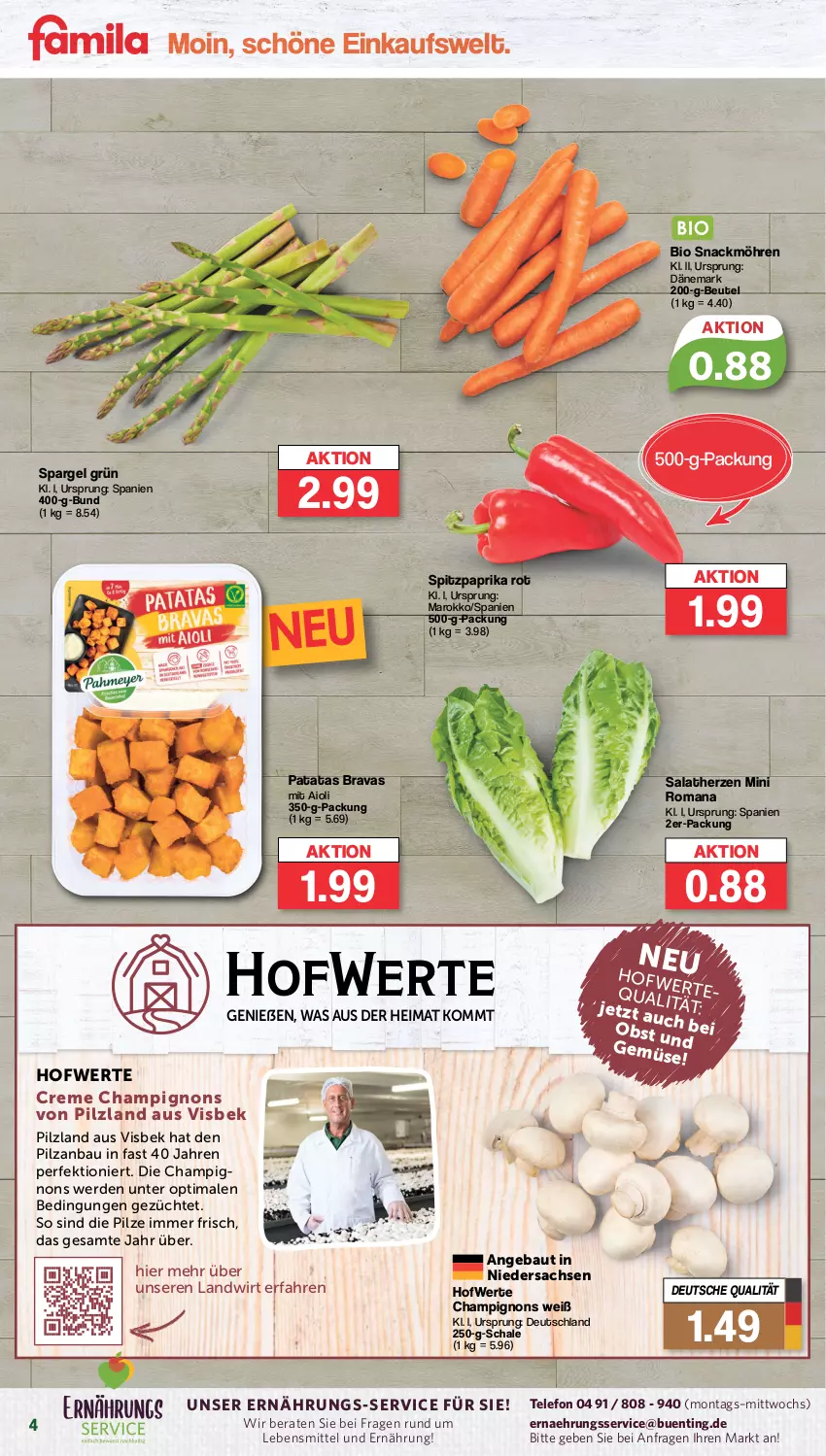 Aktueller Prospekt Famila - Prospekte - von 15.04 bis 20.04.2024 - strona 4 - produkty: aioli, Bau, beutel, bio, champignon, champignons, creme, erde, lebensmittel, möhren, obst, paprika, paprika rot, pilze, sac, salat, salatherzen, Schal, Schale, snack, spargel, spargel grün, Spitzpaprika, telefon, Ti