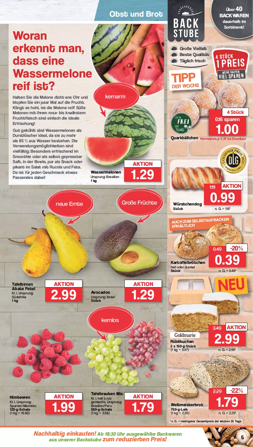 Aktueller Prospekt Famila - Prospekte - von 15.04 bis 20.04.2024 - strona 5 - produkty: auer, avocado, avocados, backwaren, beere, beeren, Birnen, bowle, brot, brötchen, cola, durstlöscher, eis, feta, fleisch, frucht, früchte, fruchtfleisch, himbeer, himbeere, himbeeren, kartoffel, kuchen, mac, Meister, melone, melonen, obst, quark, reis, rucola, rwe, saft, salat, Schal, Schale, smoothie, snack, stube, tafelbirnen, tafeltrauben, Ti, trauben, uhr, wasser, wassermelone, wassermelonen, weltmeisterbrot, würstchen, ZTE