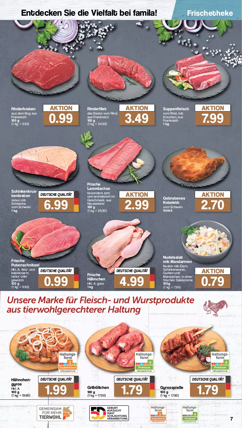 Aktueller Prospekt Famila - Prospekte - von 15.04 bis 20.04.2024 - strona 7 - produkty: braten, creme, decke, eier, eis, Elan, filet, fleisch, Frische Hähnchen, gewürz, grill, gurke, gurken, gyros, Hähnchengyros, kotelett, lachs, lamm, lammlachse, LG, mac, mandarine, mandarinen, natur, nudel, nudeln, nudelsalat, pute, putenschnitzel, rind, rinder, rinderbraten, rinderfilet, salat, salatcreme, schinken, schinkenwurst, schnitzel, schwein, suppe, suppen, suppenfleisch, Ti, tisch, wein, wurst