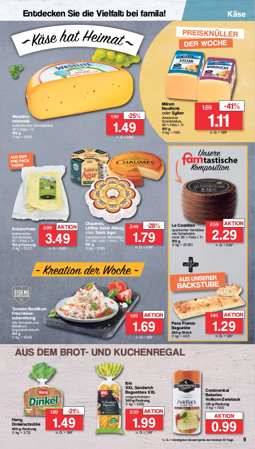 Aktueller Prospekt Famila - Prospekte - von 15.04 bis 20.04.2024 - strona 9 - produkty: albray, asti, baguette, baguettes, basilikum, brot, chaumes, decke, deutscher schnittkäse, doppelrahmstufe, eis, französischer weichkäse, frischkäse, frischkäsezubereitung, hartkäse, holländischer schnittkäse, Käse, korn, kräuter, kuchen, milch, milram, regal, reis, Saint Agur, saint albray, sandwich, schnitten, schnittkäse, stube, Sylter, Ti, tomate, tomate-basilikum, tomaten, weichkäse, ZTE