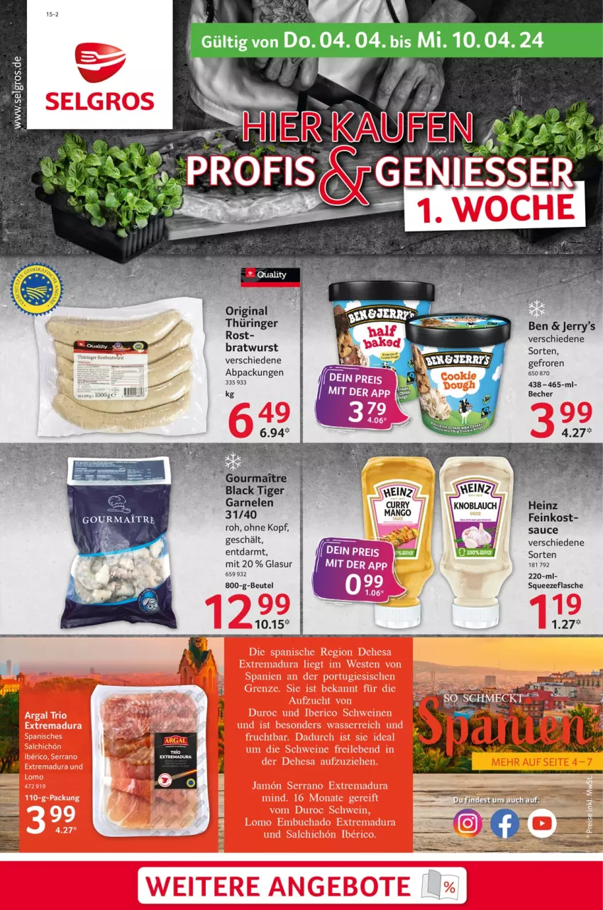 Aktueller Prospekt Selgros - Food - von 04.04 bis 10.04.2024 - strona 1 - produkty: Becher, beutel, bratwurst, cookie, feinkost, flasche, garnelen, gin, heinz, lack, LG, ring, rostbratwurst, sauce, thüringer rostbratwurst, Ti, wurst