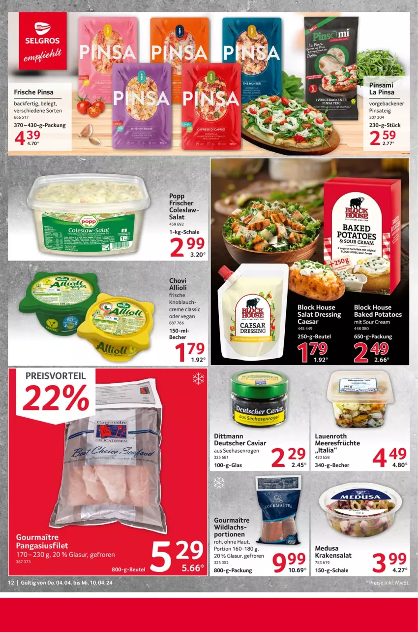 Aktueller Prospekt Selgros - Food - von 04.04 bis 10.04.2024 - strona 12 - produkty: allioli, baked potatoes, Becher, Caviar, chovi, Coleslaw, creme, dittmann, dressing, eis, früchte, geback, kartoffel, kartoffeln, knoblauch, lachs, meeresfrüchte, Popp, potatoes, preisvorteil, reis, salat, Schal, Schale, sour cream, Ti, Wild, wildlachs