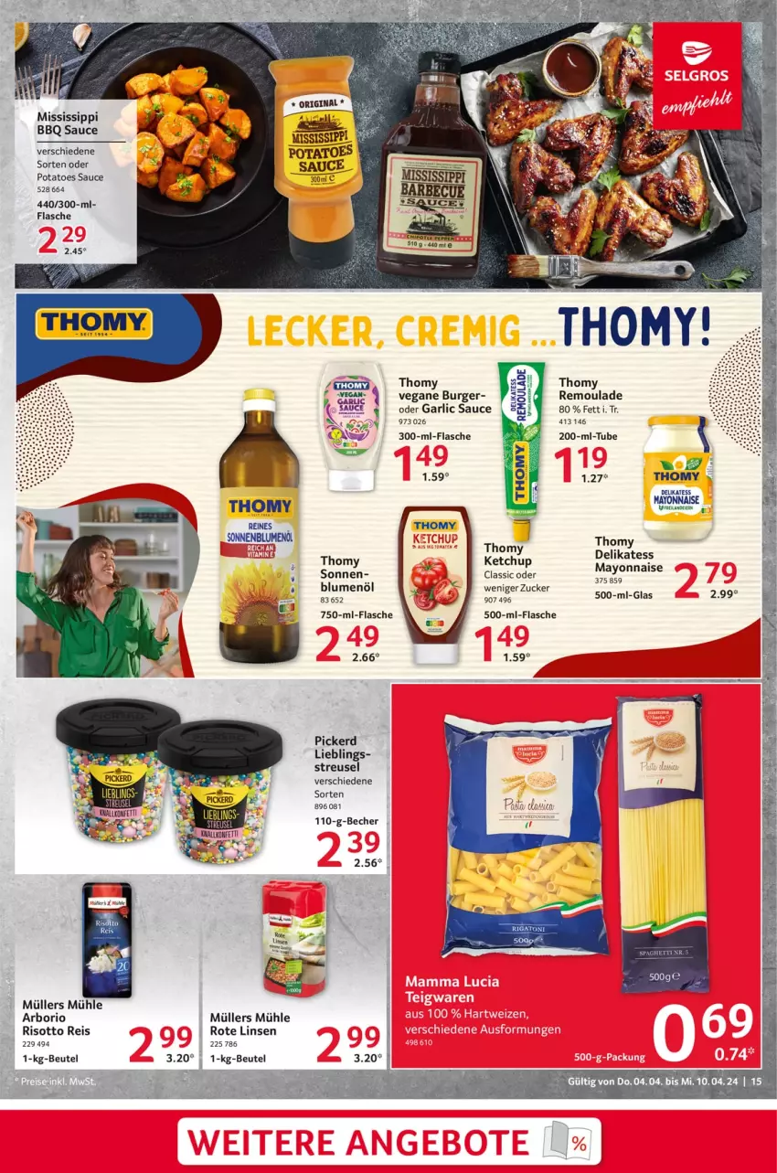 Aktueller Prospekt Selgros - Food - von 04.04 bis 10.04.2024 - strona 15 - produkty: Becher, beutel, blume, blumen, blumenöl, burger, eier, eis, flasche, gin, ketchup, linsen, mayonnaise, Müller, potatoes, reis, remoulade, risotto, Rote Linsen, sauce, thomy, Yo, zucker