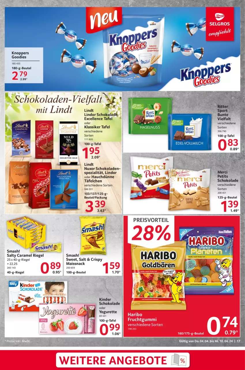 Aktueller Prospekt Selgros - Food - von 04.04 bis 10.04.2024 - strona 17 - produkty: Bau, beutel, caramel, eis, elle, haselnuss, kaffee, Kinder, knoppers, lindor, lindt, mais, nuss, preisvorteil, reis, riegel, sahne, schoko, schokolade, schokoladen, snack, Spezi, Ti, Yo, yogurette