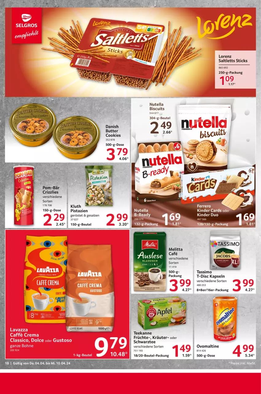 Aktueller Prospekt Selgros - Food - von 04.04 bis 10.04.2024 - strona 18 - produkty: beutel, butter, ferrero, früchte, kräuter, LG, lorenz, melitta, nutella, ovomaltine, pistazien, saltletts, salz, sim, tassimo, tee, teekanne, Ti, Wild, ZTE