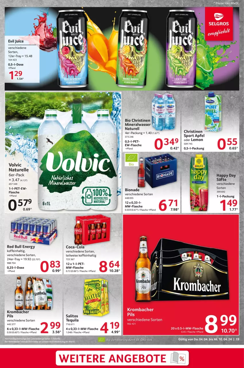 Aktueller Prospekt Selgros - Food - von 04.04 bis 10.04.2024 - strona 19 - produkty: Alwa, apfel, bio, bionade, coca-cola, cola, eis, elle, flasche, krombache, krombacher, mineralwasser, mw-flasche, natur, pils, red bull, rel, Sport, tee, tequila, Ti, wasser