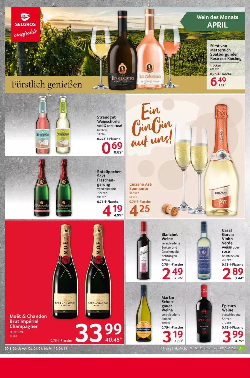 Aktueller Prospekt Selgros - Food - von 04.04 bis 10.04.2024 - strona 20 - produkty: auer, burgunder, cin, cinzano, eis, emmi, erde, flasche, fürst von metternich, mac, Mett, metternich, moet, riesling, rotkäppchen, schorle, sekt, spätburgunder, Ti, wein, weine, weinschorle