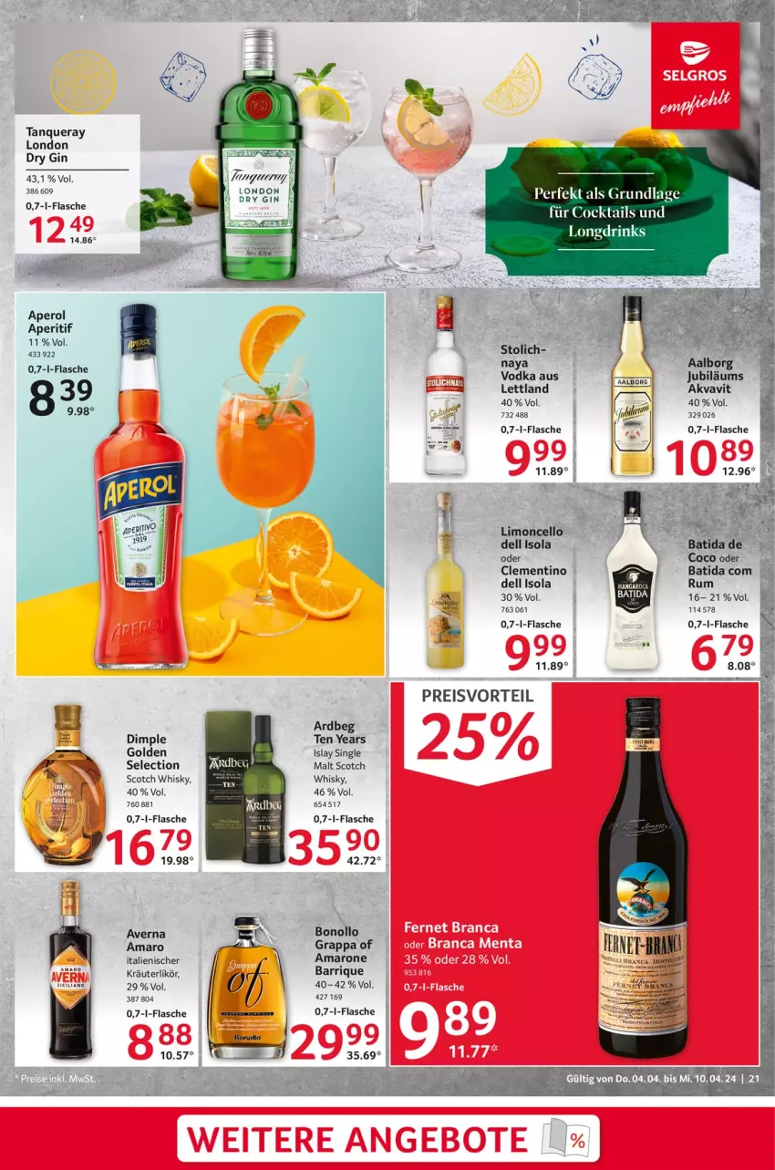 Aktueller Prospekt Selgros - Food - von 04.04 bis 10.04.2024 - strona 21 - produkty: Aalborg, amaro, aperitif, Ardbeg, averna, batida, cocktail, cocktails, dell, dry gin, eis, flasche, gin, grappa, Jubiläums, kräuter, kräuterlikör, likör, limo, london dry, london dry gin, preisvorteil, reis, rum, scotch, scotch whisky, Tanqueray, Ti, vodka, whisky