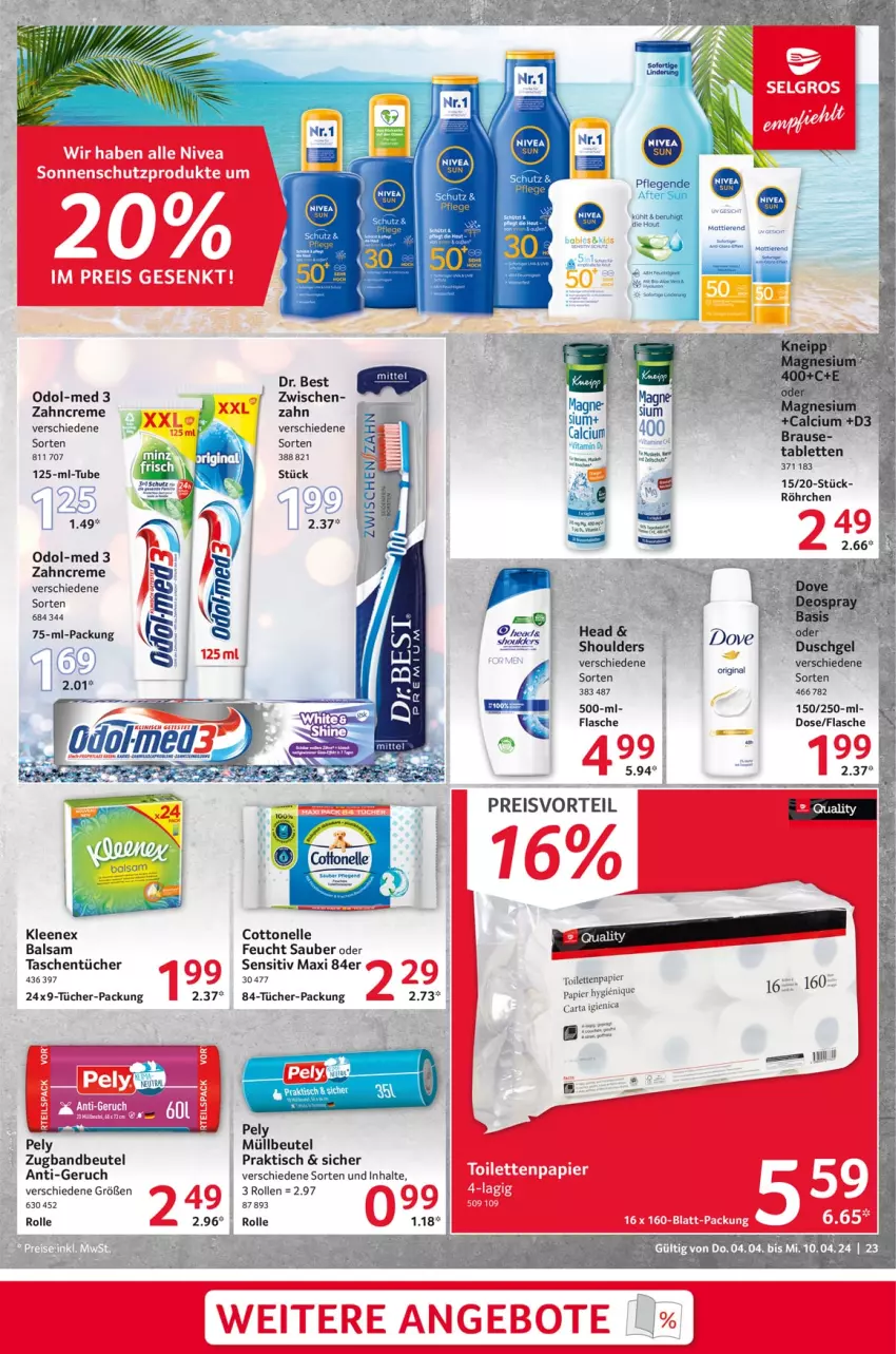 Aktueller Prospekt Selgros - Food - von 04.04 bis 10.04.2024 - strona 23 - produkty: balsam, beutel, brause, cottonelle, creme, Dr. Best, eis, elle, flasche, müllbeutel, Odol, Odol-med 3, papier, pely, preisvorteil, reis, tablet, tablett, Tablette, Tasche, taschen, taschentücher, Ti, Tiere, tisch, tücher, zahncreme