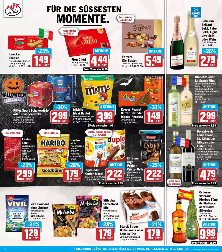 Aktueller Prospekt Hit - Wochenprospekt - von 20.10 bis 25.10.2025 - strona 12 - produkty: Bad, ball, beutel, bonbons, brillant sekt, butter, dip, duplo, ehrmann, eis, ente, ferrero, flasche, frucht, haribo, Kinder, kinder riegel, lindor, Mon Chéri, osborne, peanut butter, reis, riegel, ritter, ritter sport, schoko, schokowürfel, sekt, söhnlein, söhnlein brillant, Sport, storck, Ti, veterano, wein, würfel, ZTE, zucker