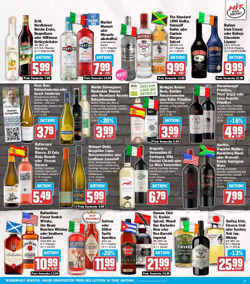 Aktueller Prospekt Hit - Wochenprospekt - von 20.10 bis 25.10.2025 - strona 13 - produkty: alkohol, auer, Bad, baileys, ball, bio, bourbon, bourbon whiskey, butter, Cap, captain morgan, chia, chianti, cin, cola, dell, doppelkorn, eis, elle, ente, finesse, flasche, frucht, gorgonzola, Havana Club, irish cream, jim beam, käfer, korn, kräuter, lack, liqueur, martini, moselland, Pinot, pinot grigio, primitivo, rebsortenweine, reis, resa, Ria, rioja, rum, saft, sauce, sauvignon, sauvignon blanc, scotch, scotch whisky, smirnoff, Southern Comfort, spinat, tee, Ti, vodka, wein, weine, whiskey, whisky, wilthener, ZTE