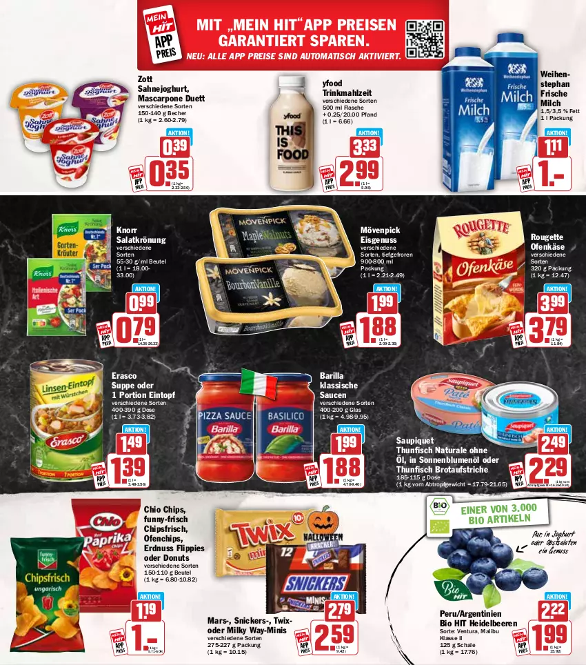 Aktueller Prospekt Hit - Wochenprospekt - von 20.10 bis 25.10.2025 - strona 18 - produkty: aufstrich, auto, barilla, Becher, beere, beeren, beutel, bio, bio hit, blume, blumen, blumenöl, brot, brotaufstrich, brotaufstriche, chio chips, chips, chipsfrisch, Donut, donuts, eintopf, eis, erasco, erdnuss, fisch, flasche, flippies, frische milch, funny-frisch, heidelbeere, heidelbeeren, joghur, joghurt, Käse, knorr, Malibu, mars, mascarpone, milch, milky way, mövenpick, mövenpick eis, natur, natura, nuss, obst, Ofen, Ofenkäse, reis, rouge, rougette, sahne, Sahnejoghurt, salat, salate, salatkrönung, sauce, saucen, saupiquet, Schal, Schale, snickers, sonnenblume, sonnenblumen, sonnenblumenöl, suppe, thunfisch, Ti, tisch, topf, twix, weihenstephan, zott